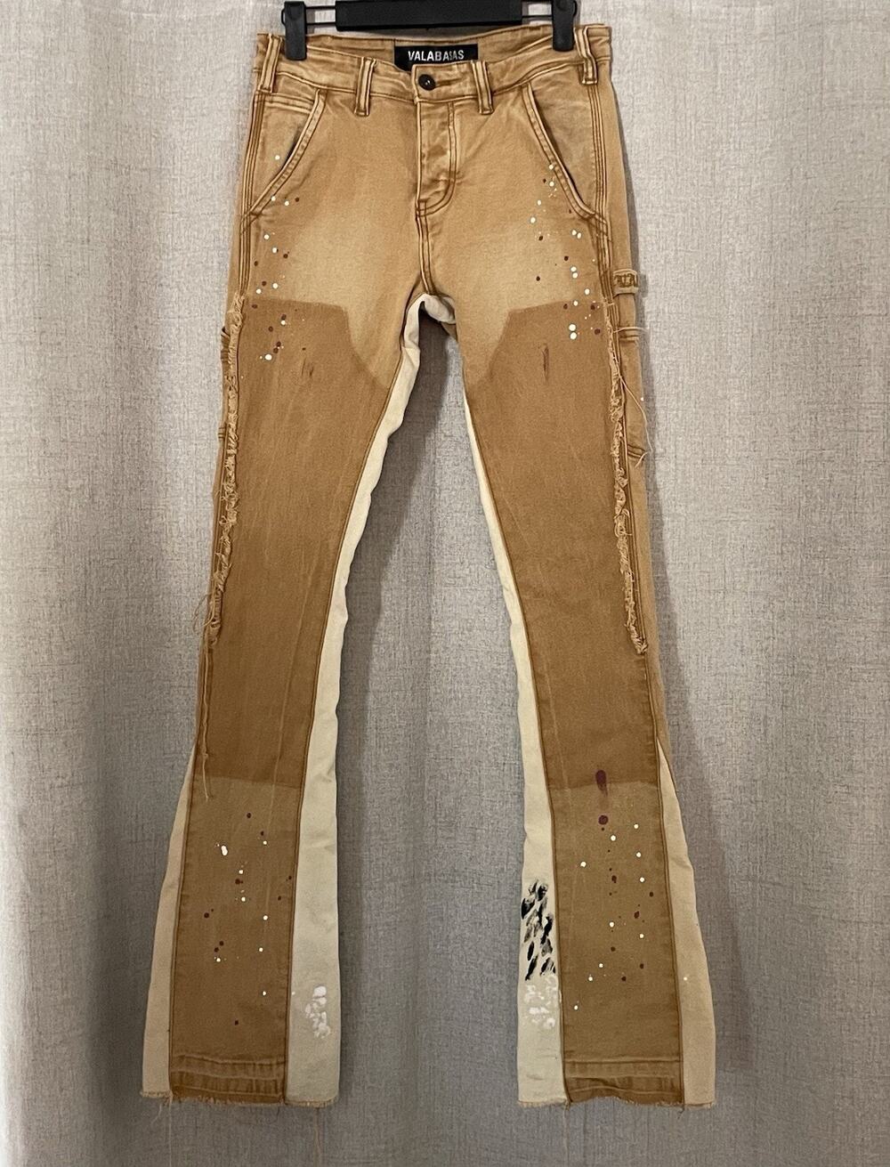 Valabasas Carpenter Stacked Flared Splatter Distressed Brown Jeans Men's NWOT